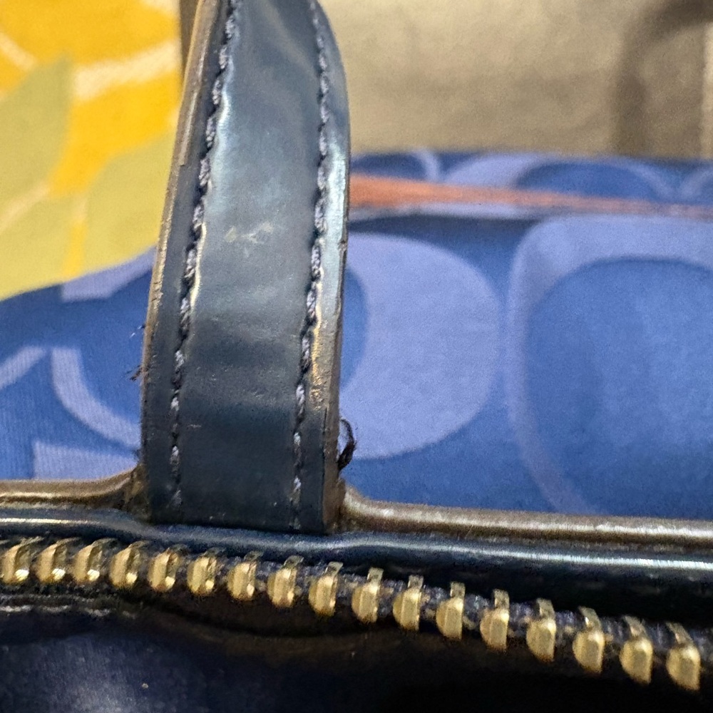 Coach Signature Stripe Sequin Tote Navy Blue Burgundy Patent Trim (F17574) - Picture 10 of 13